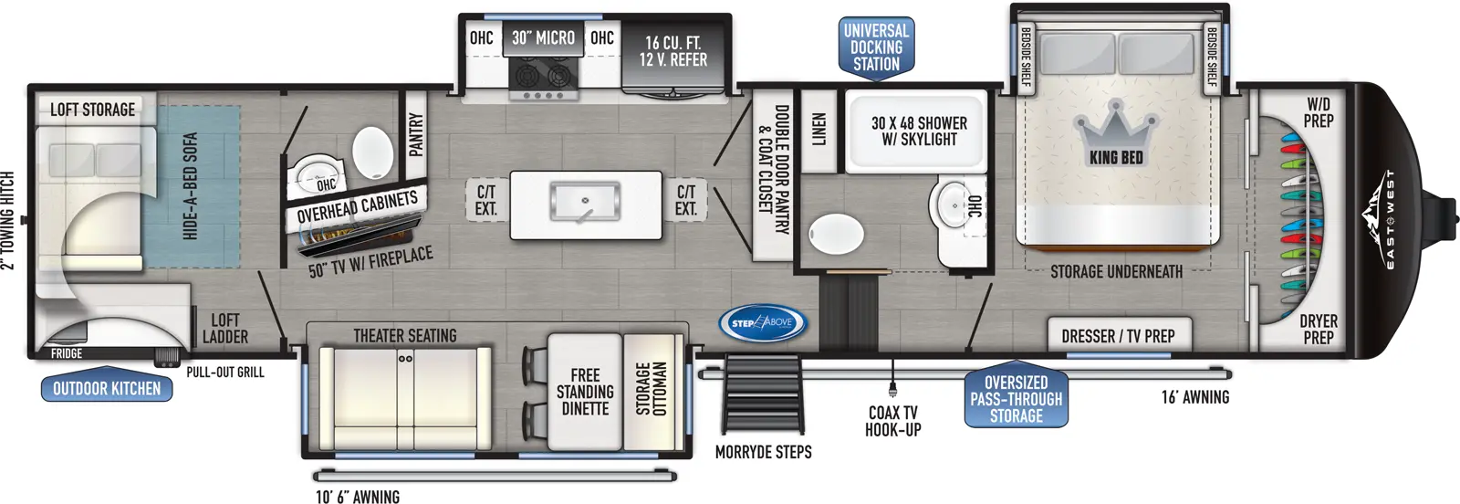 The 3700BH-OK has 3 slideouts and one entry. Exterior features an oversized pass through storage, universal docking station, MORryde steps, coax TV hookup, 10 foot 6 inch awning and 16 foot awning, outdoor kitchen with pull-out grill and refrigerator, and 2 inch towing hitch. Interior layout front to back: front closet with washer/dryer prep, off-door side king bed slideout with storage underneath, and door side dresser with TV prep; off-door side full bathroom with overhead cabinet, linen closet, and shower with skylight; steps down to main living area and entry; double door pantry and coat closet along inner wall; off-door side slideout with 12V refrigerator, overhead cabinet, microwave, and cooktop, and pantry along inner wall; kitchen island with sink and extensions; door side slideout with free-standing dinette with storage ottoman, and theater seating; angled inner wall with overhead cabinets and TV with fireplace; rear bunk room with half bathroom and loft bed and storage above rear hide-a-bed sofa.
